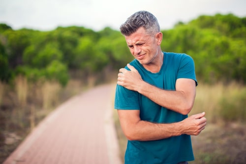 Man with shoulder pain, concept of Sunrise bursitis treatment
